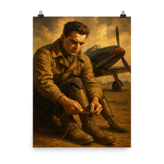 Aleksei Maresyev lacing prosthetic legs beside fighter poster on a plain backdrop in size 8"x10".