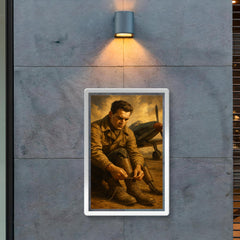 Aleksei Maresyev lacing prosthetic legs beside fighter poster 2