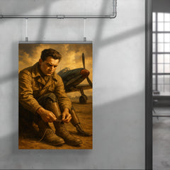 Aleksei Maresyev lacing prosthetic legs beside fighter poster 4