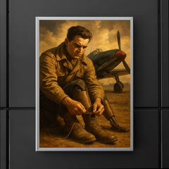 Aleksei Maresyev lacing prosthetic legs beside fighter poster 5