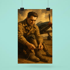 Aleksei Maresyev lacing prosthetic legs beside fighter poster 6