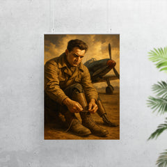 Aleksei Maresyev lacing prosthetic legs beside fighter poster 7