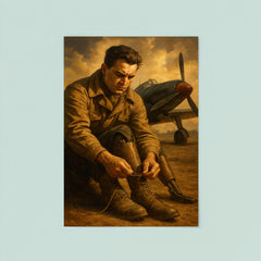 Aleksei Maresyev lacing prosthetic legs beside fighter poster 8