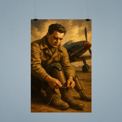 Aleksei Maresyev lacing prosthetic legs beside fighter poster 9