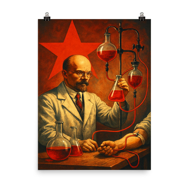 Alexander Bogdanov red star transfusion laboratory poster on a plain backdrop in size 8