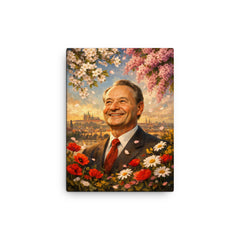 Alexander Dubcek beneath Prague Spring flowers canvas print on a plain backdrop in size 12"x16".