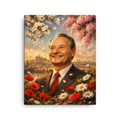 Alexander Dubcek beneath Prague Spring flowers canvas print on a plain backdrop in size 16"x20".