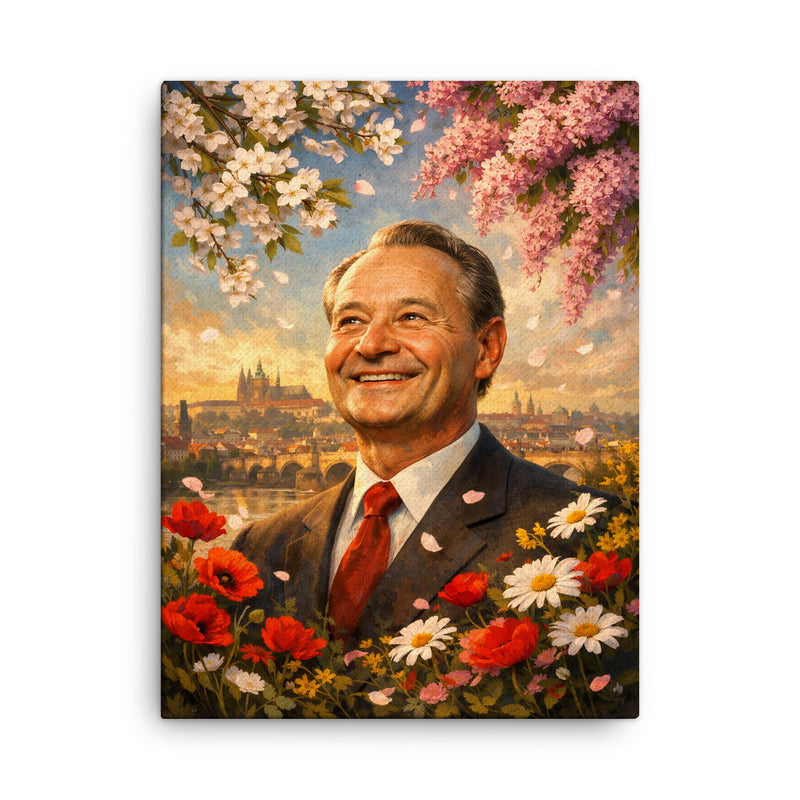 Alexander Dubcek beneath Prague Spring flowers canvas print on a plain backdrop in size 18