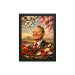 Alexander Dubcek beneath Prague Spring flowers framed print on a plain backdrop in size 12"x16".