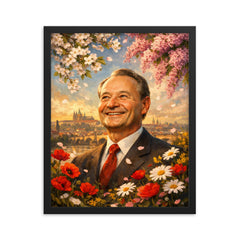 Alexander Dubcek beneath Prague Spring flowers framed print on a plain backdrop in size 16"x20".