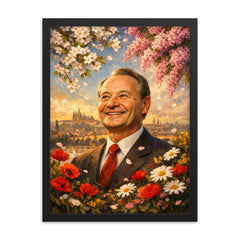 Alexander Dubcek beneath Prague Spring flowers framed print on a plain backdrop in size 18"x24".
