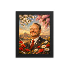 Alexander Dubcek beneath Prague Spring flowers framed print on a plain backdrop in size 8"x10".
