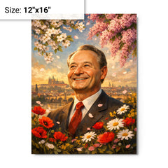 Alexander Dubcek beneath Prague Spring flowers metal print on a plain backdrop in size 12"x16".