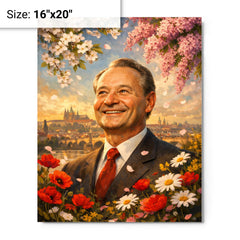 Alexander Dubcek beneath Prague Spring flowers metal print on a plain backdrop in size 16"x20".