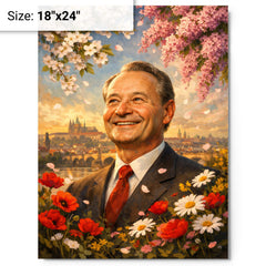 Alexander Dubcek beneath Prague Spring flowers metal print on a plain backdrop in size 18"x24".