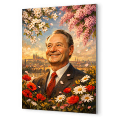 Alexander Dubcek beneath Prague Spring flowers metal print mockup