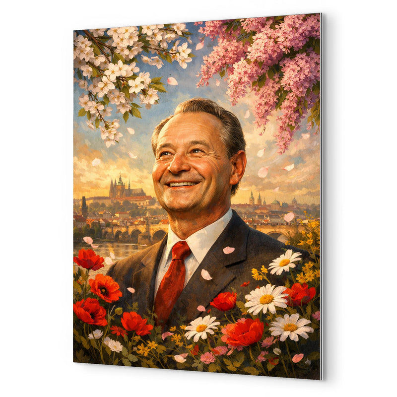 Alexander Dubcek beneath Prague Spring flowers metal print mockup