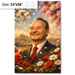 Alexander Dubcek beneath Prague Spring flowers metal print on a plain backdrop in size 24"x36".