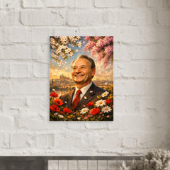 Alexander Dubcek beneath Prague Spring flowers metal print mockup