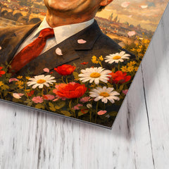 Alexander Dubcek beneath Prague Spring flowers metal print mockup
