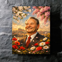 Alexander Dubcek beneath Prague Spring flowers metal print mockup