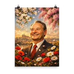 Alexander Dubcek beneath Prague Spring flowers poster on a plain backdrop in size 8"x10".