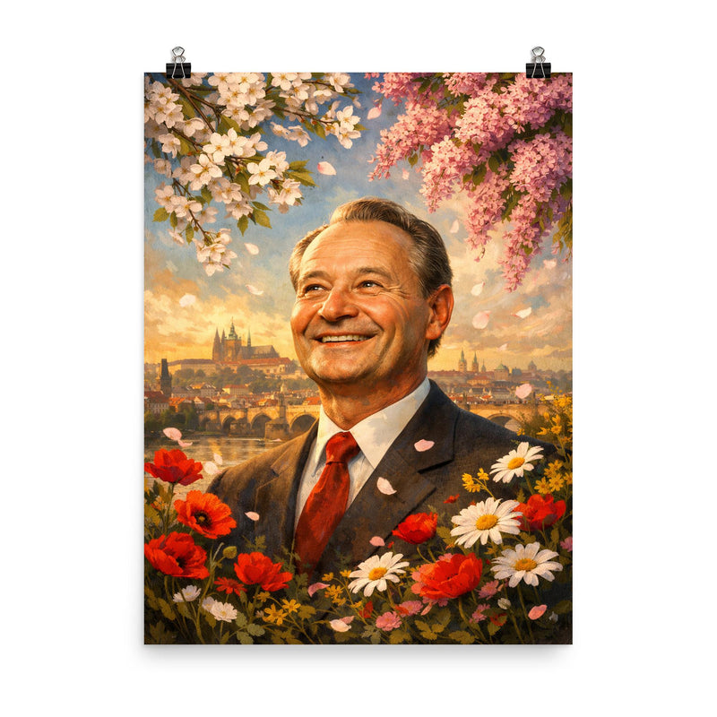 Alexander Dubcek beneath Prague Spring flowers poster on a plain backdrop in size 8