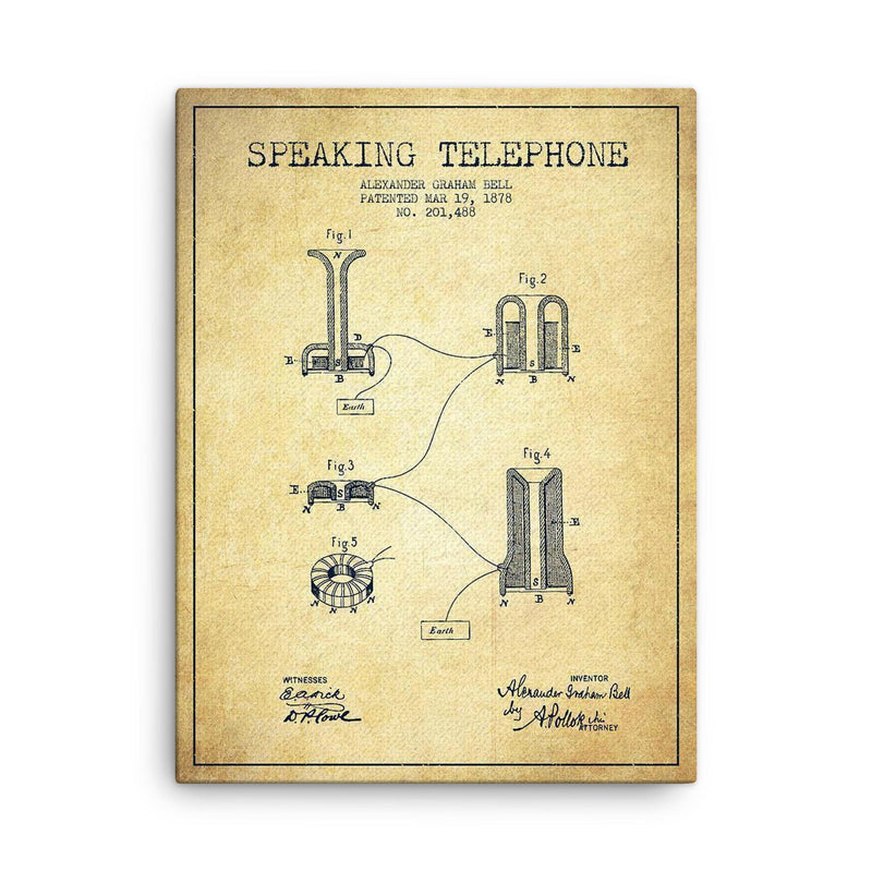 Alexander Graham Bell's original patent for the telephone canvas print on a plain backdrop in size 18