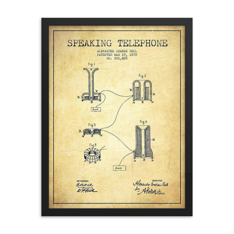 Alexander Graham Bell's original patent for the telephone framed print on a plain backdrop in size 18