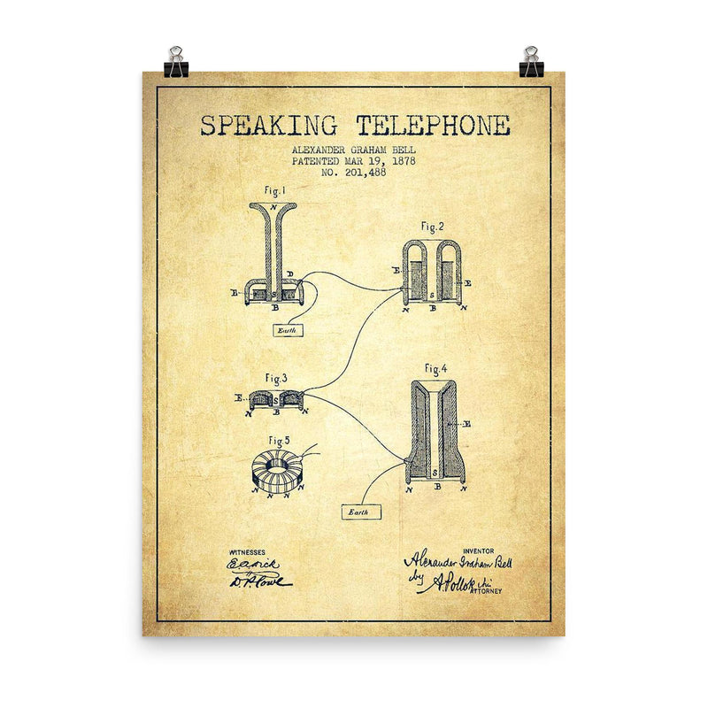 Alexander Graham Bell's original patent for the telephone poster on a plain backdrop in size 8