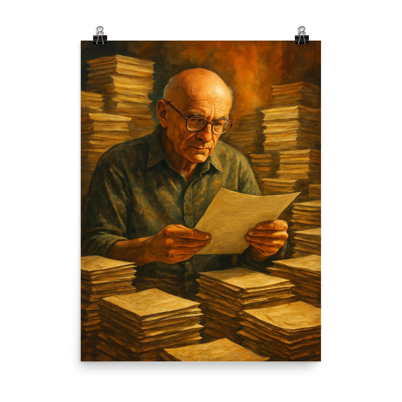Alexander Grothendieck among stacks of manuscripts poster on a plain backdrop in size 8