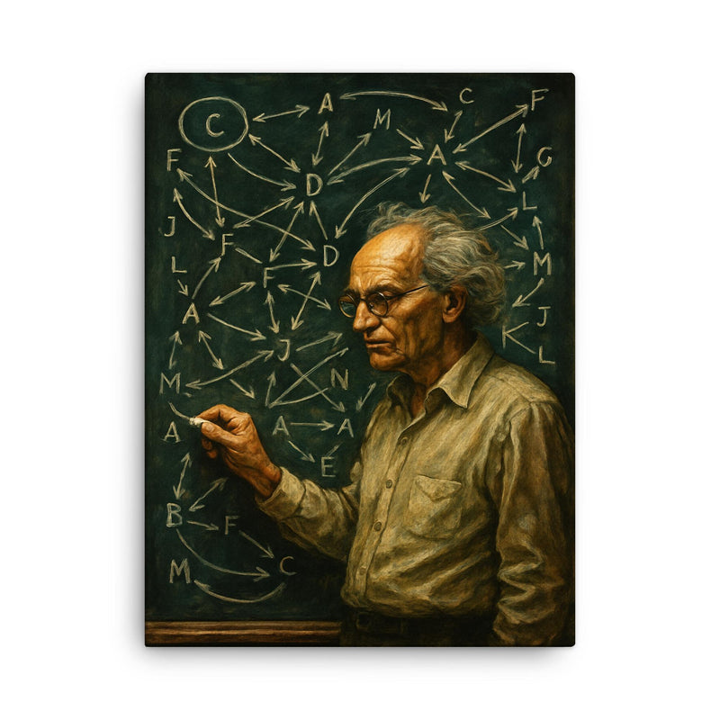 Alexander Grothendieck chalkboard storm of categories and arrows canvas print on a plain backdrop in size 18
