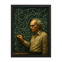 Alexander Grothendieck chalkboard storm of categories and arrows framed print on a plain backdrop in size 18"x24".