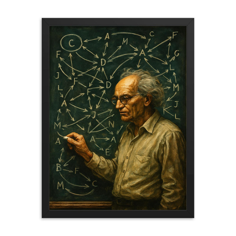 Alexander Grothendieck chalkboard storm of categories and arrows framed print on a plain backdrop in size 18