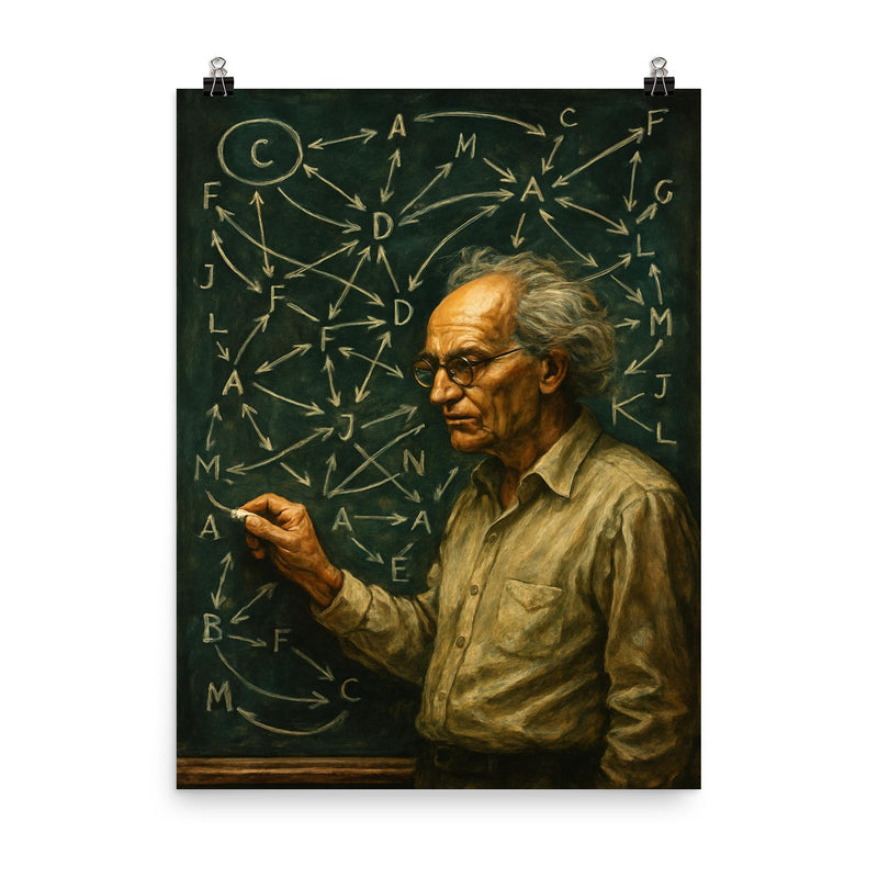 Alexander Grothendieck chalkboard storm of categories and arrows poster on a plain backdrop in size 8