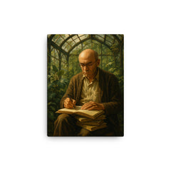 Alexander Grothendieck in a greenhouse with notebooks canvas print on a plain backdrop in size 12"x16".
