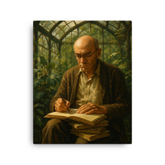 Alexander Grothendieck in a greenhouse with notebooks canvas print on a plain backdrop in size 16"x20".