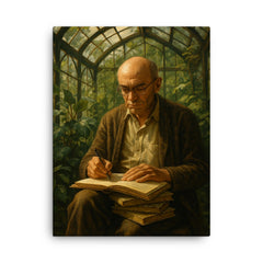 Alexander Grothendieck in a greenhouse with notebooks canvas print on a plain backdrop in size 18"x24".