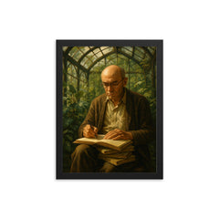 Alexander Grothendieck in a greenhouse with notebooks framed print on a plain backdrop in size 12"x16".