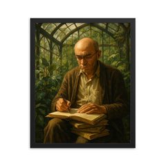 Alexander Grothendieck in a greenhouse with notebooks framed print on a plain backdrop in size 16"x20".