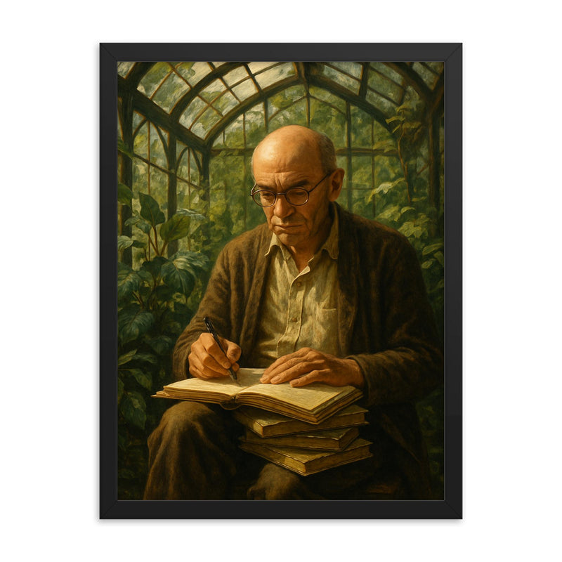 Alexander Grothendieck in a greenhouse with notebooks framed print on a plain backdrop in size 18