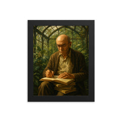 Alexander Grothendieck in a greenhouse with notebooks framed print on a plain backdrop in size 8"x10".