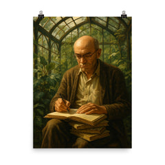 Alexander Grothendieck in a greenhouse with notebooks poster on a plain backdrop in size 8"x10".