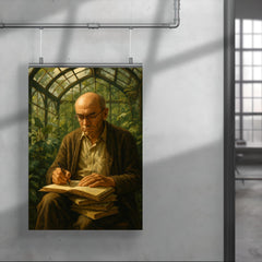 Alexander Grothendieck in a greenhouse with notebooks poster 4