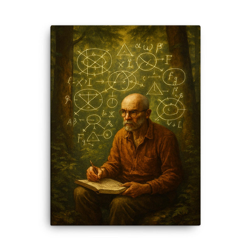 Alexander Grothendieck in forest exile with diagrams canvas print on a plain backdrop in size 18