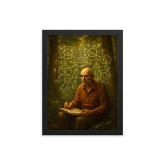 Alexander Grothendieck in forest exile with diagrams framed print on a plain backdrop in size 12"x16".