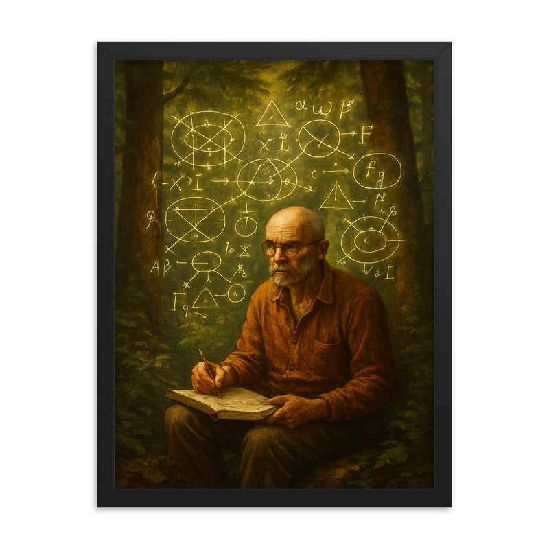 Alexander Grothendieck in forest exile with diagrams framed print on a plain backdrop in size 18