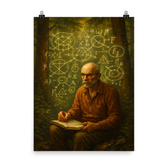 Alexander Grothendieck in forest exile with diagrams poster on a plain backdrop in size 8"x10".