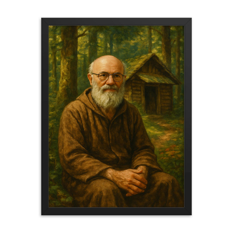 Alexander Grothendieck in forest hermit retreat framed print on a plain backdrop in size 18