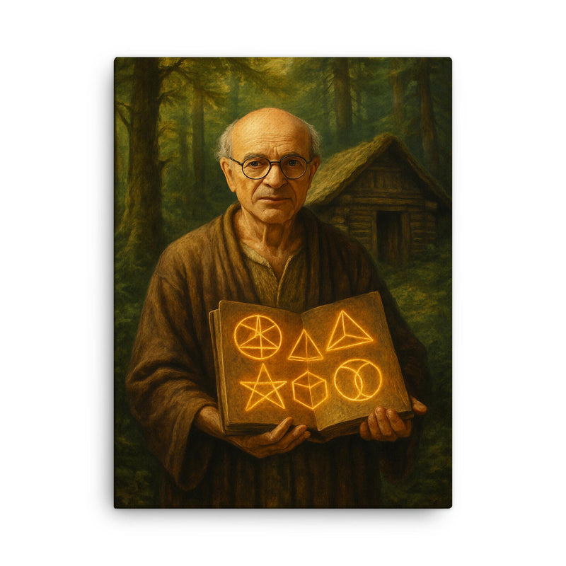 Alexander Grothendieck in forest hermitage with geometric symbols canvas print on a plain backdrop in size 18